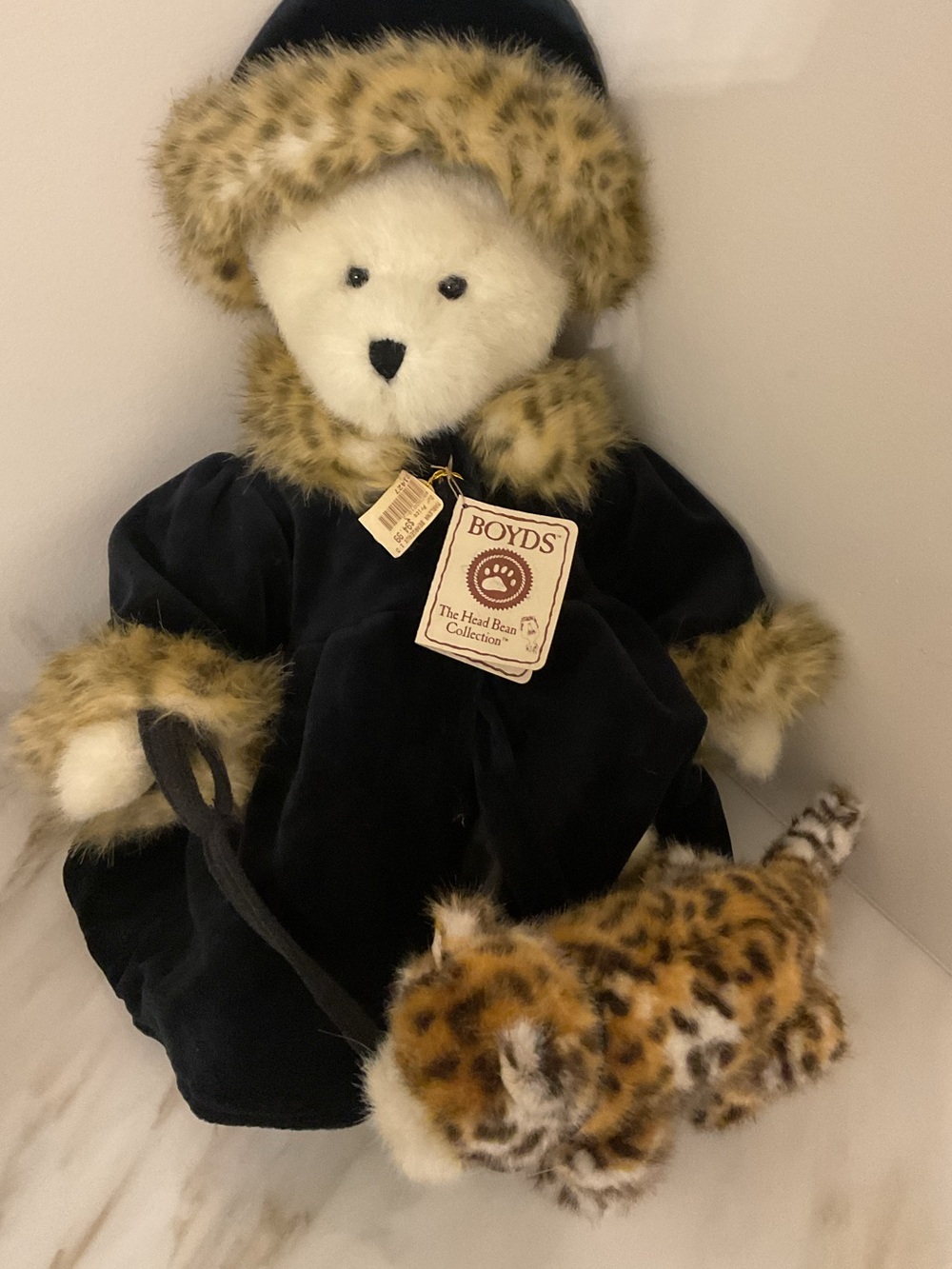 NWT Boyds Bears Marlena Beargeaux Plush Bear in Black Coat with Leopard Trim